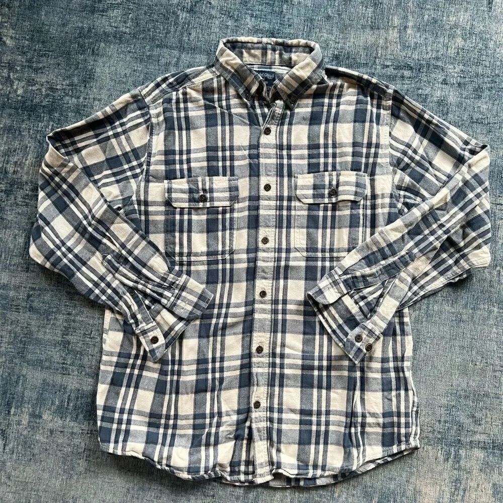 Mens Faded Glory White Blue Plaid Button Down 100% Cotton Shirt Medium